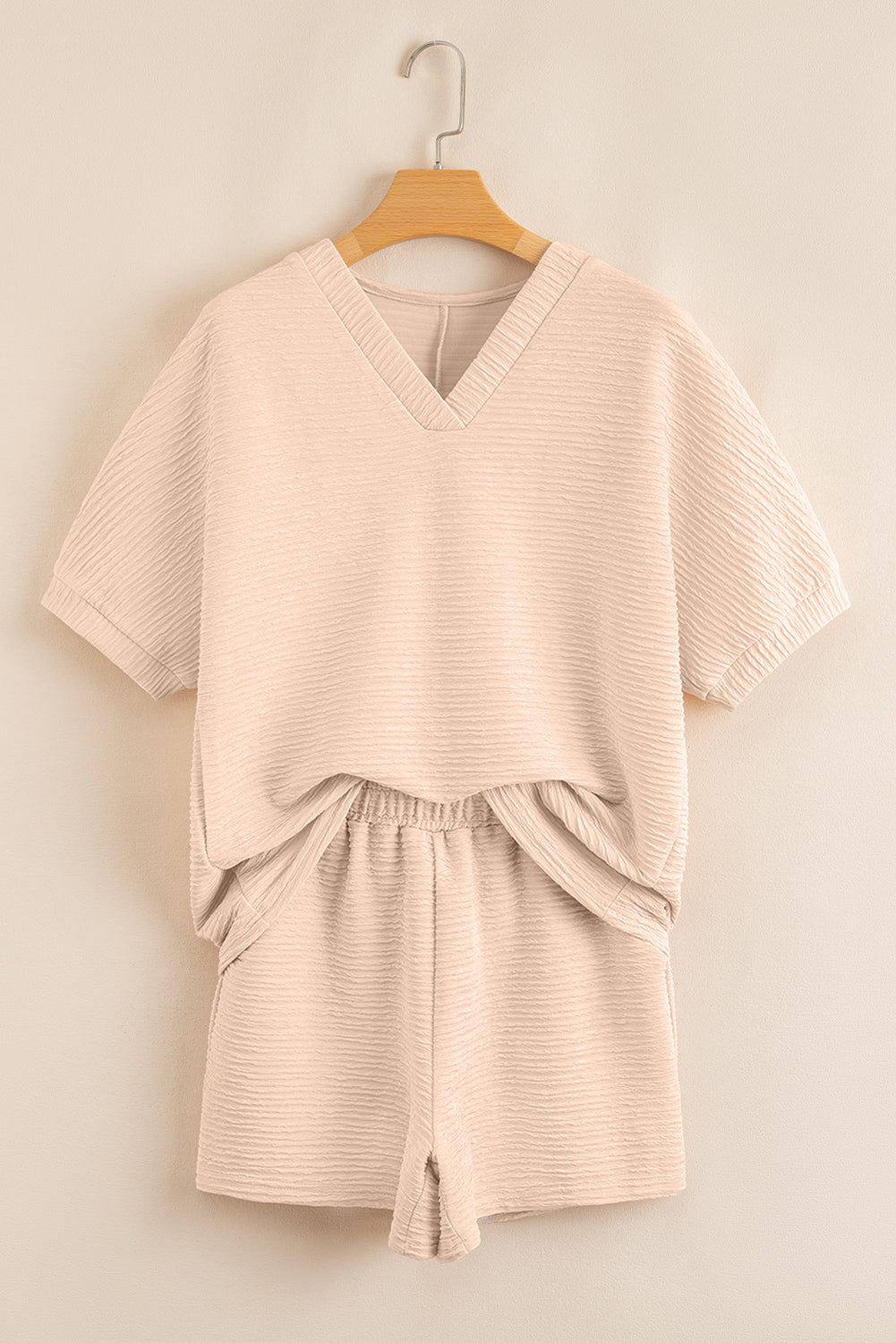Apricot Textured V Neck T Shirt and Shorts Set