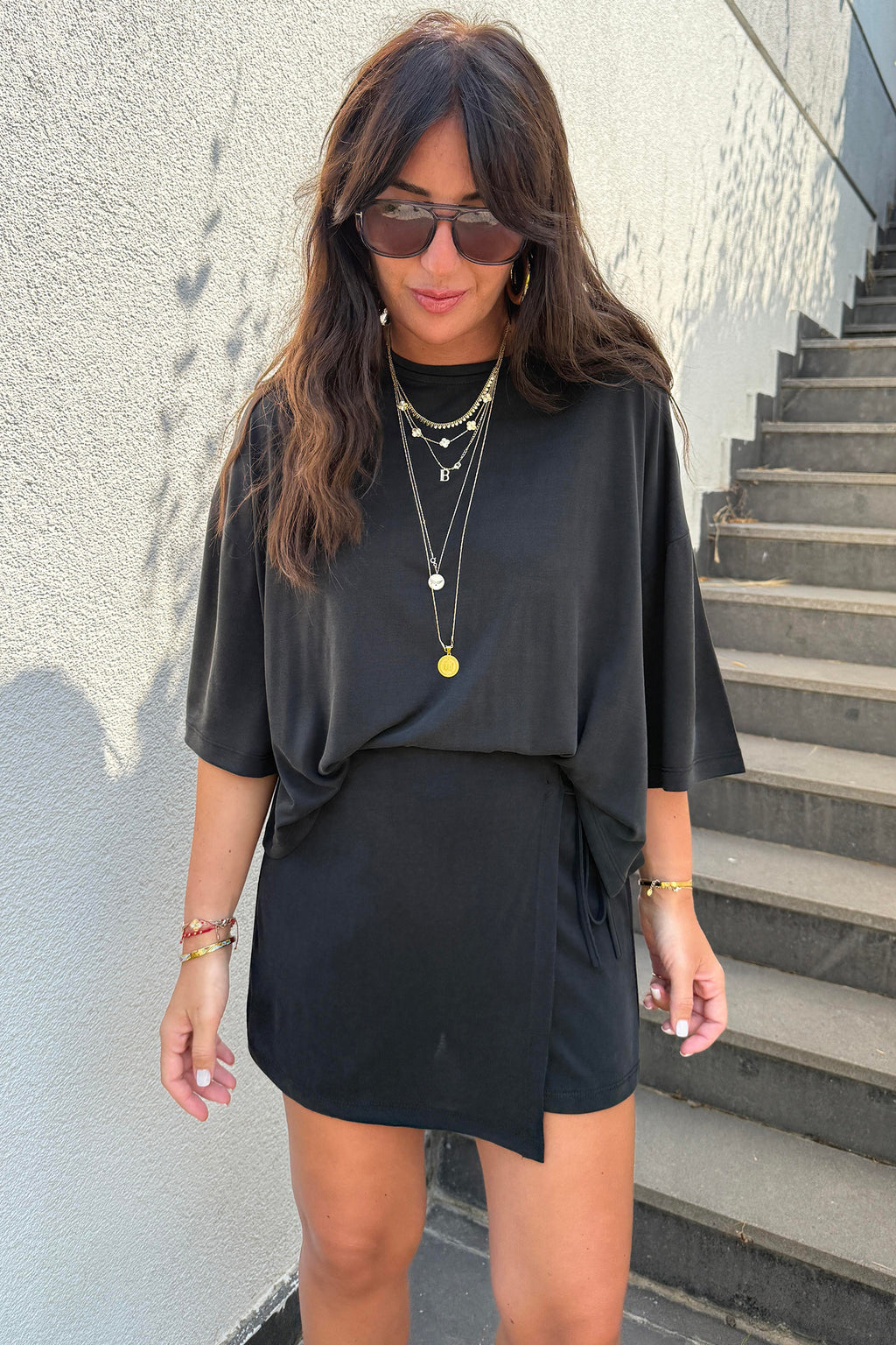 Black Solid Color Oversize Tee Tie Wrap Mini Skort 2pcs Set
