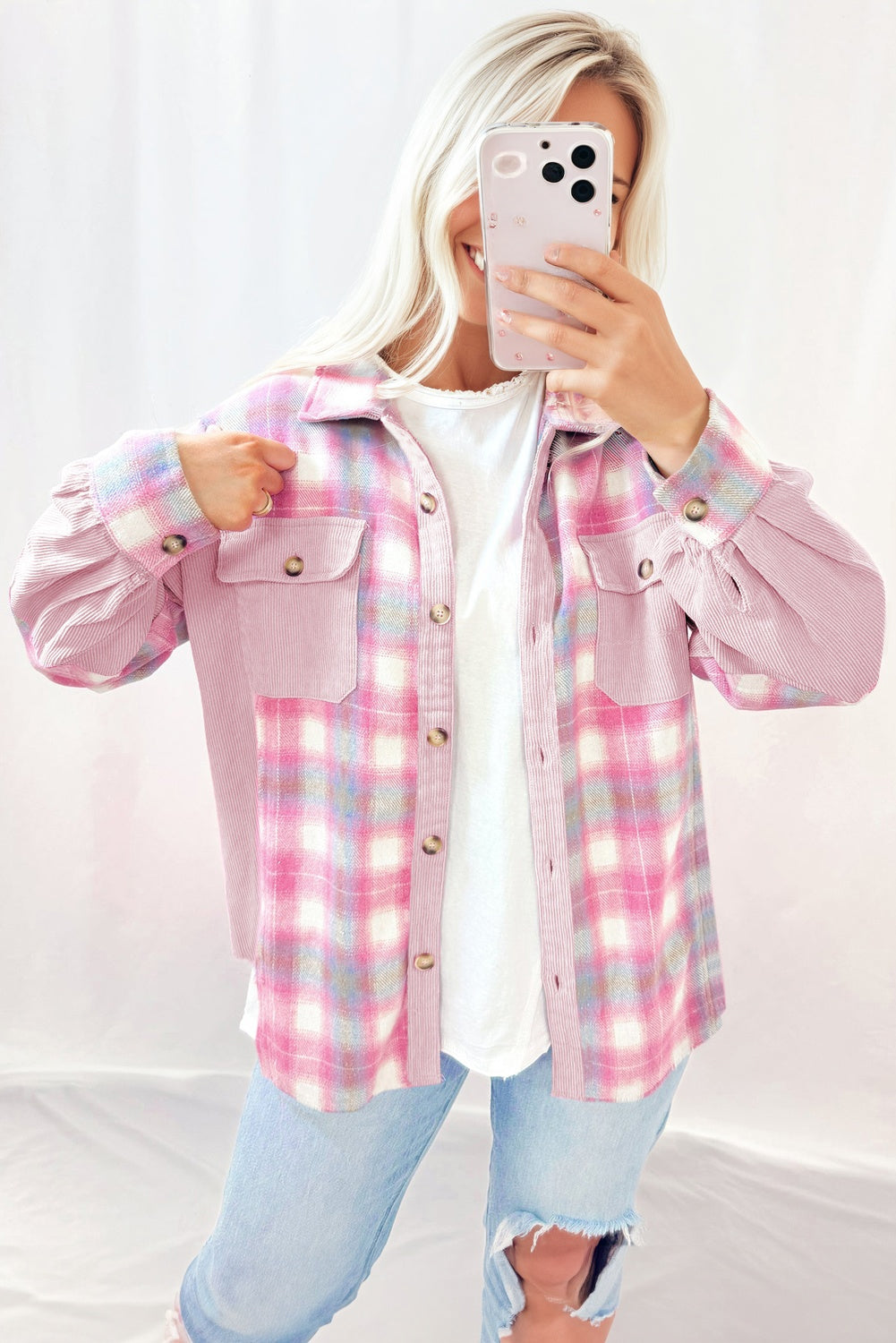 Pink Brushed Plaid Corduroy Flap Pockets Patchwork Shacket