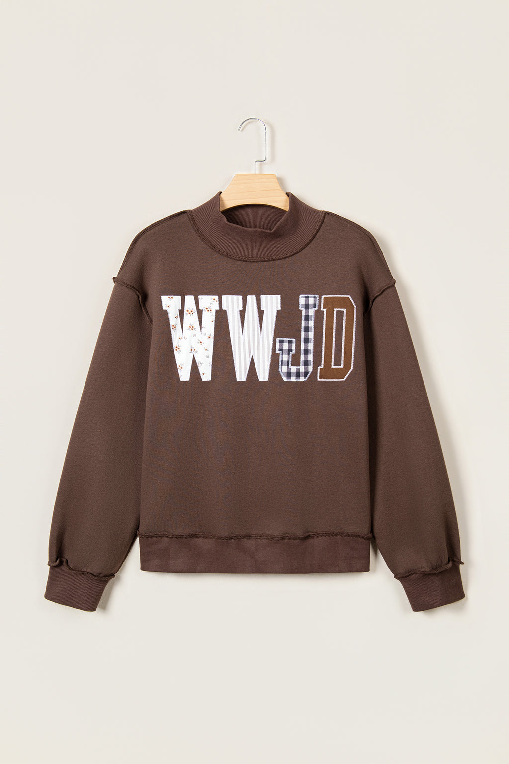 Bonbon WWJD Mixed Pattern Embroidered Patch Graphic Mock Neck Sweatshirt
