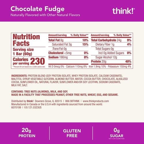 Think! Protein Bars, High Protein Snacks, Gluten Free, Kosher Friendly, Chocolate Fudge, Nutrition Bars, 2.1 Oz Per Bar, 10 Count (Packaging May Vary)
