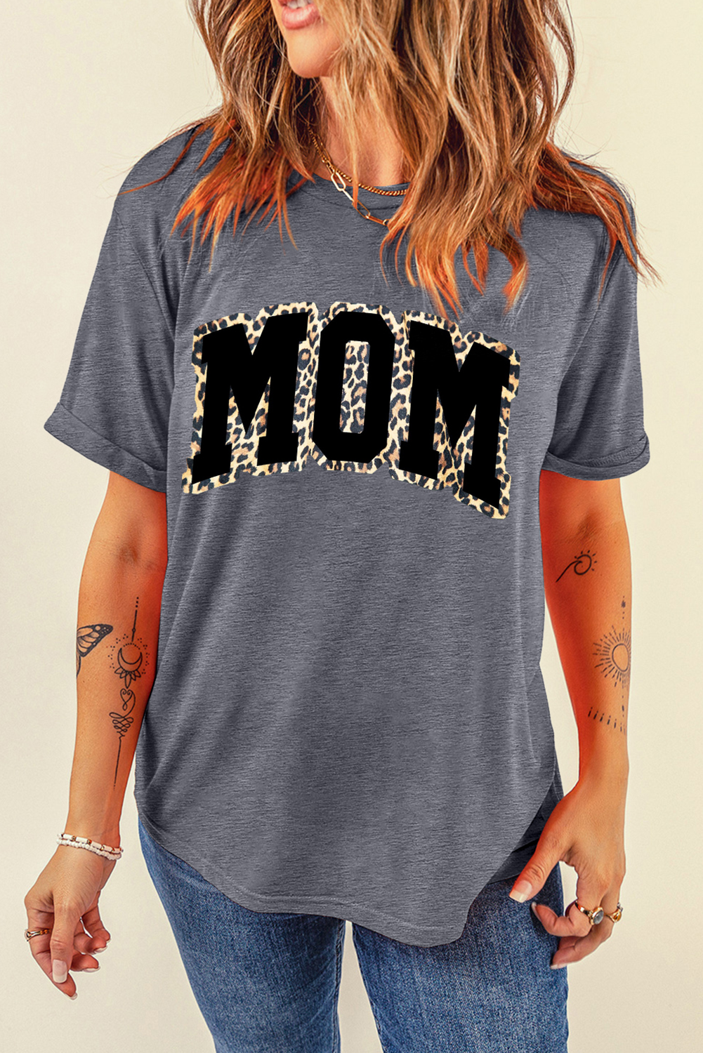 Gray Leopard MOM Graphic Crewneck Mothers Day T Shirt