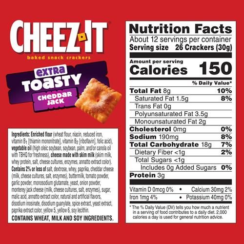 Cheez-It Cheese Crackers, Baked Snack Crackers, Kids Snacks, Extra Toasty Cheddar Jack, 12.4Oz Box (1 Box)
