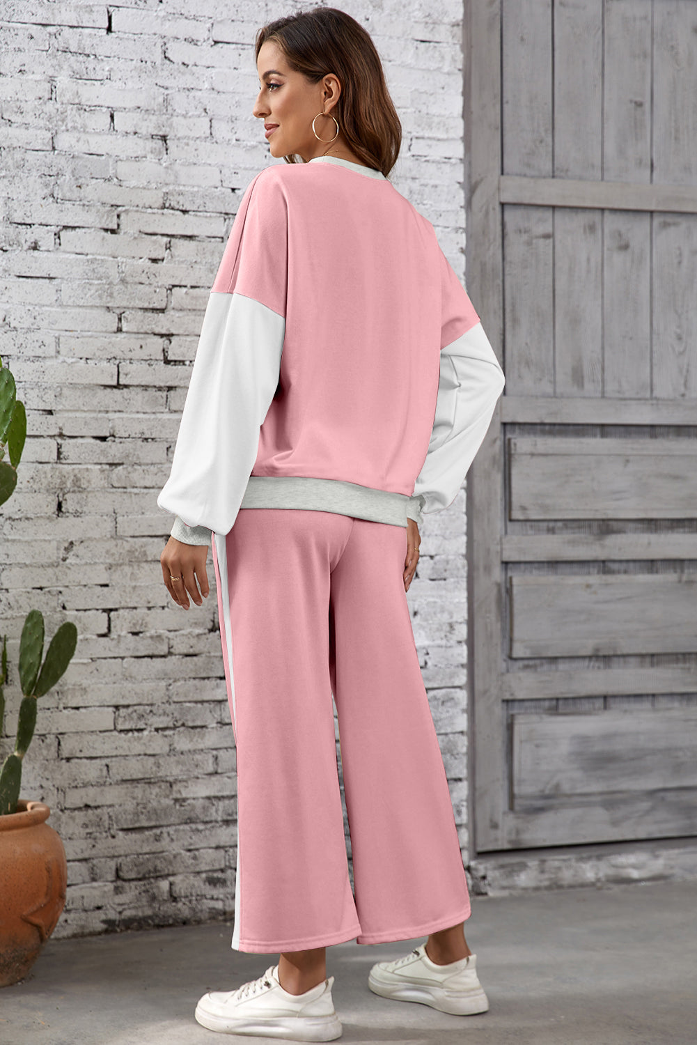 Rose Red 2pcs Color Block Pullover Loose Pant Set