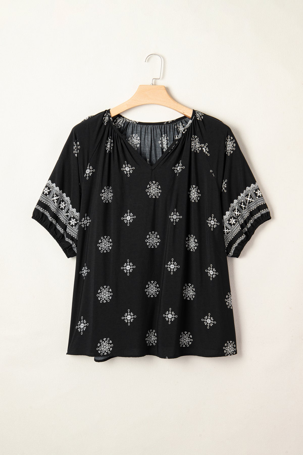 Green Boho Chic Notched V Neck Plus Floral Short Sleeve Top