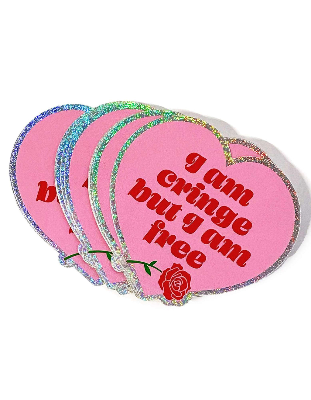 Holographic Glitter Heart Sticker – I Am Cringe But I Am Free Vinyl Sticker
