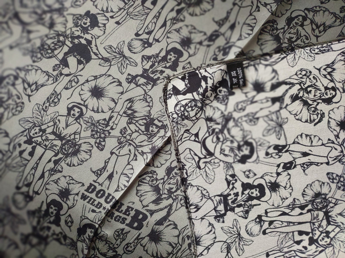 Wild Rag 100% SILK Dark Grey Pin Up Cowgirls and Hollyhock flowers Cowboy Western Neck Scarf Bandanna by Double B Wild Rags