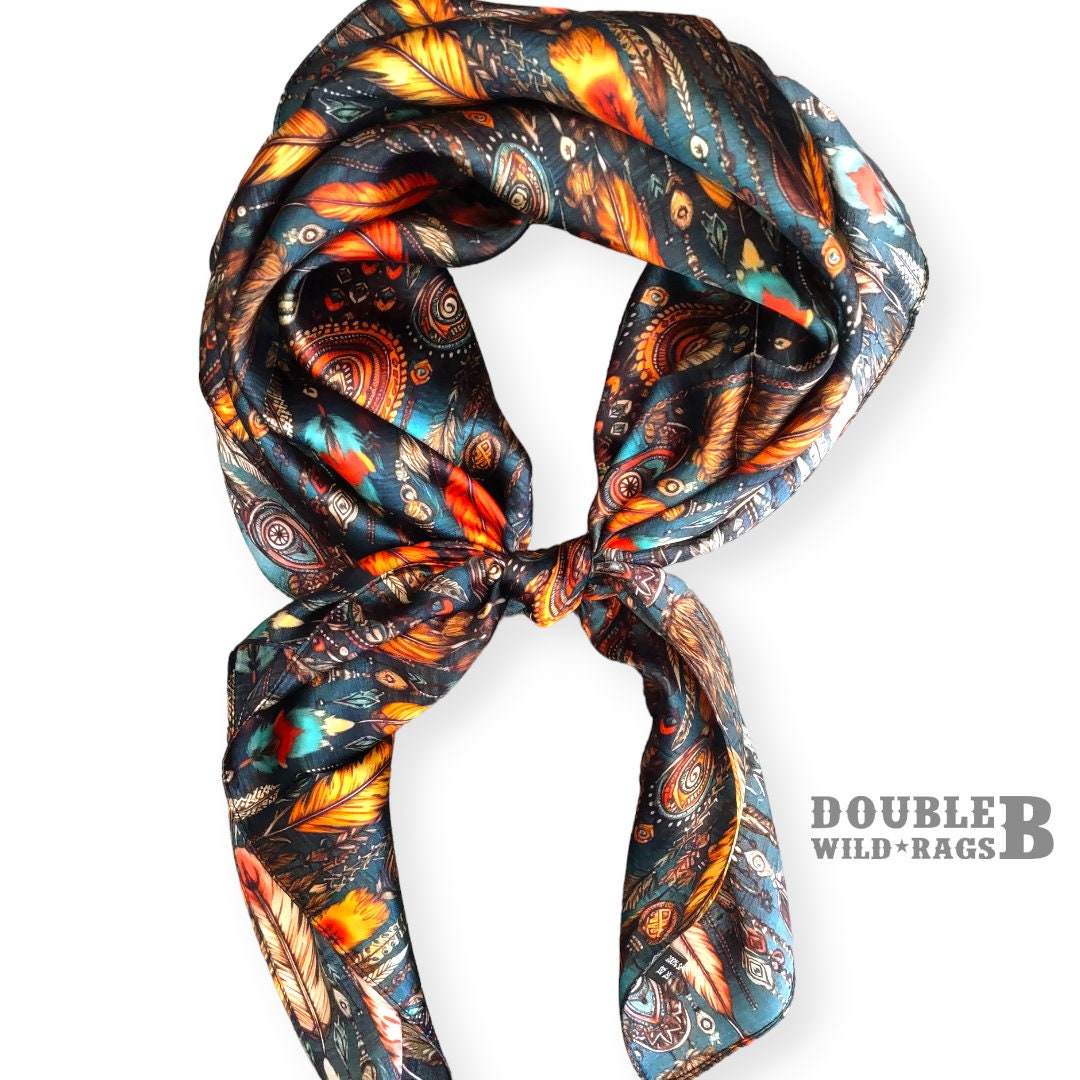 Wild Rag 100% SILK Teal and Orange Native Boho Feathers Neck Scarf Bandanna by Double B Wild Rags