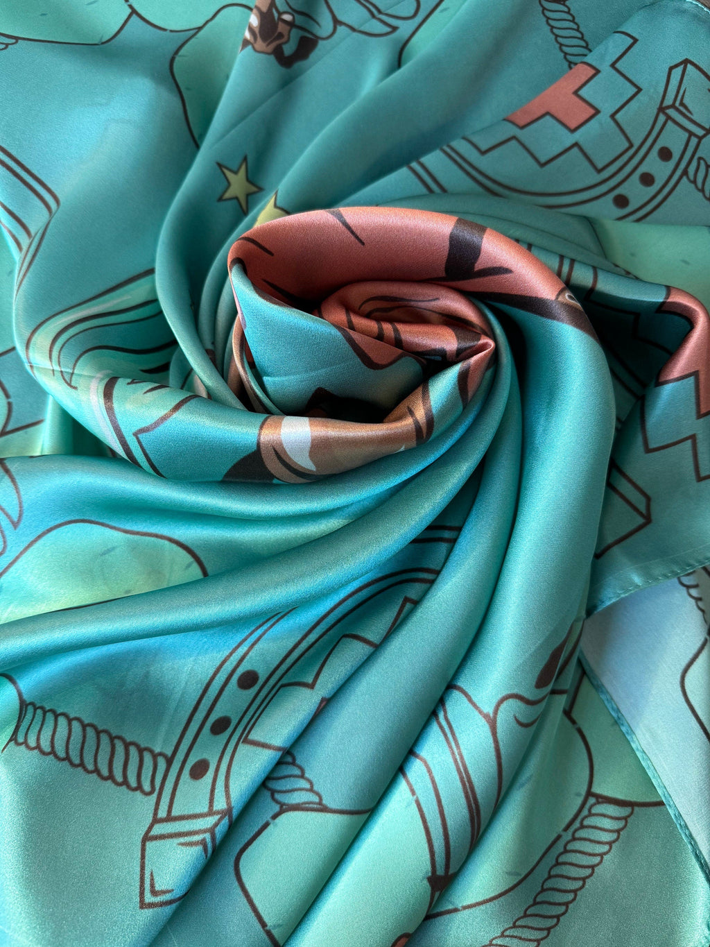 Wild Rag 100% SILK Soft Teal Blue Desert Mustang horse and Cactus Cowboy Neck Scarf Bandanna by Double B Wild Rags