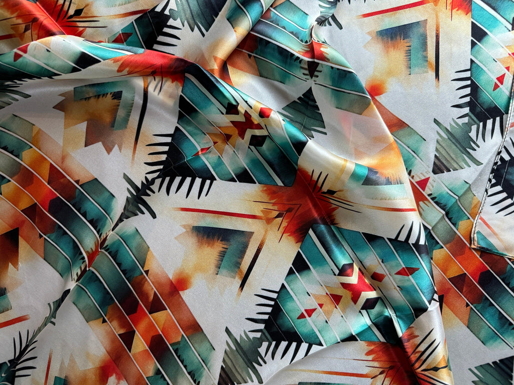 100% Silk Wild Rag Aztec Native Orange Teal and White by Double B Wild Rags