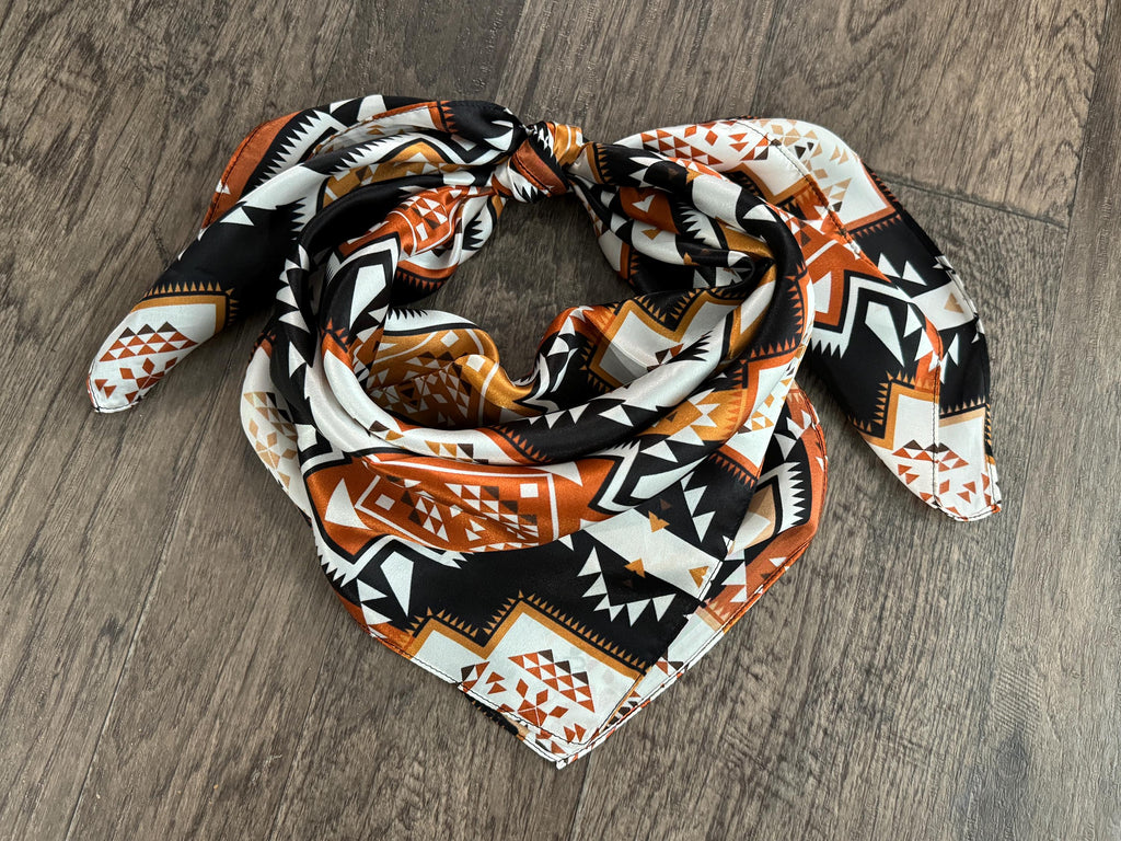100% Silk Wild Rag Aztec Native tribal inspired pattern of brown, black, and white by Double B Wild Rags