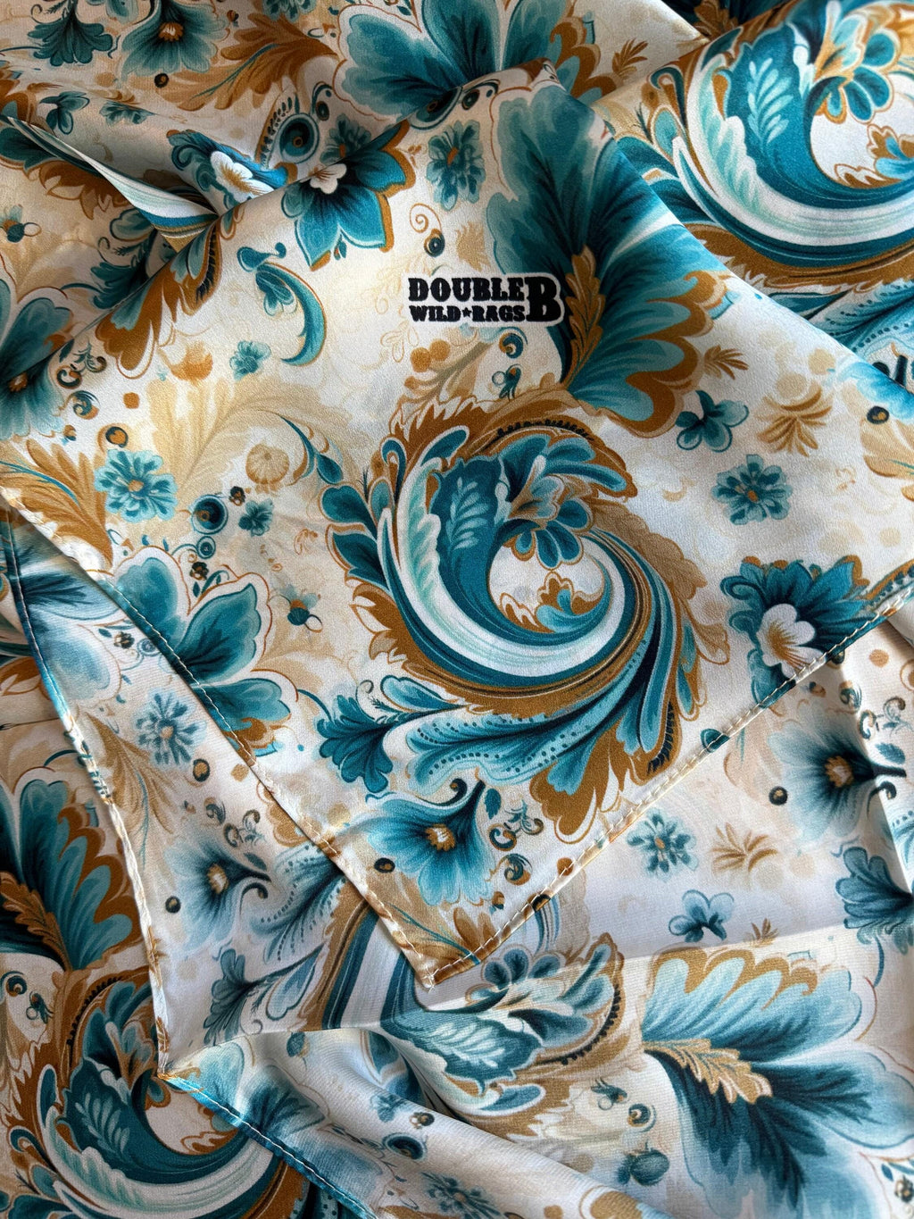 Wild Rag 100% SILK Turquoise Gold Ivory Floral Paisley Cowboy Neck Scarf Bandanna by Double B Wild Rags