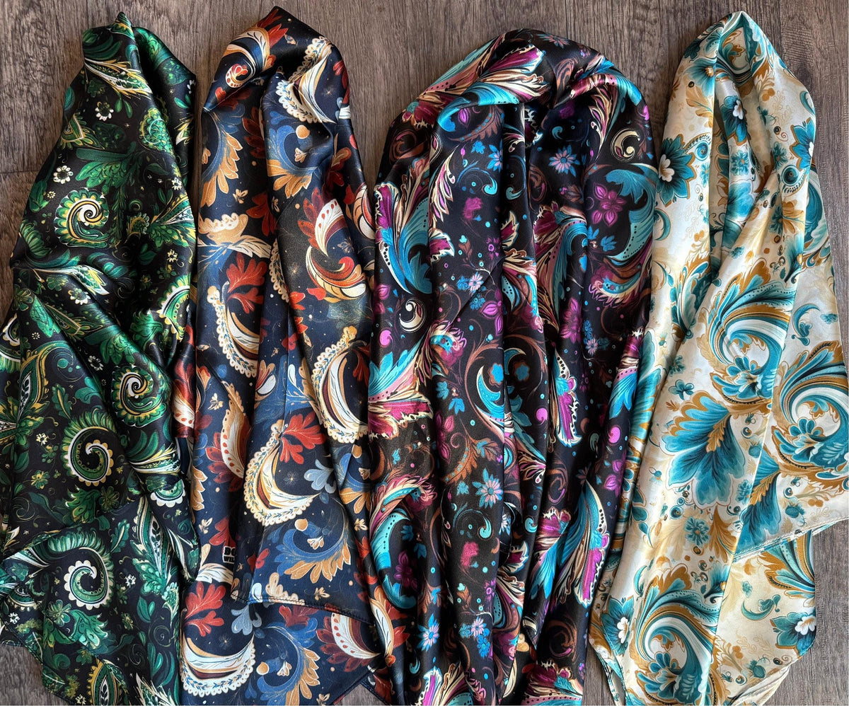 Wild Rag 100% SILK Turquoise Gold Ivory Floral Paisley Cowboy Neck Scarf Bandanna by Double B Wild Rags