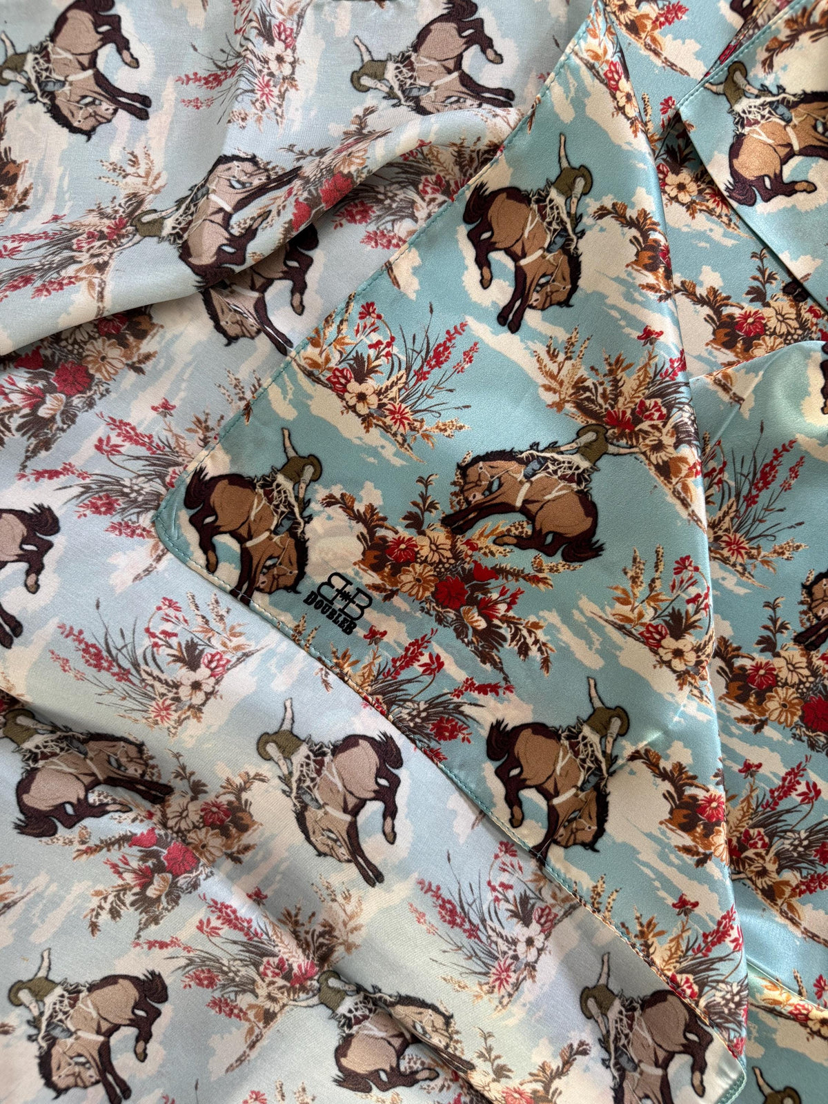 100% Silk Wild Rag Dusty Blue Cowboys and Floral by Double B Wild Rags