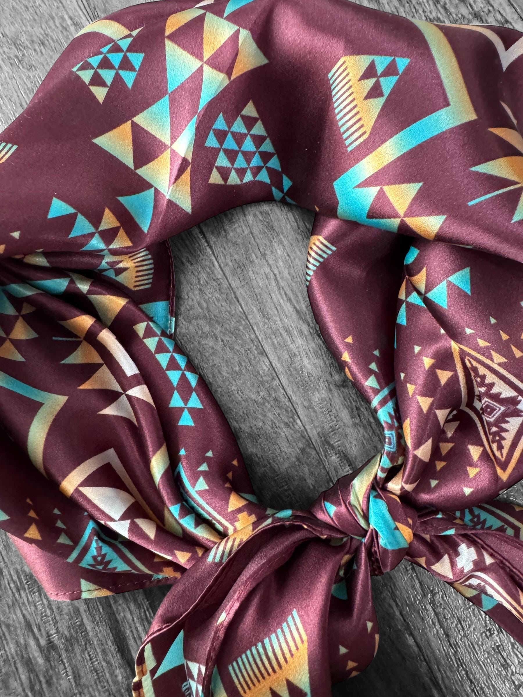 100% Silk Wild Rag Plum and Turquoise Native Tribal Print by Double B Wild Rags