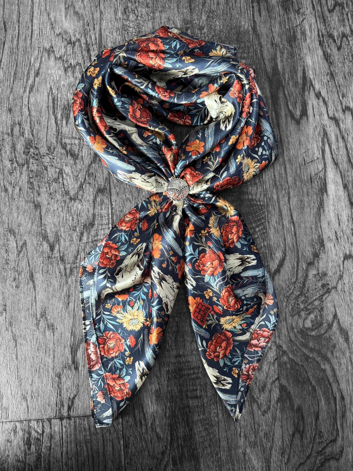 100% Silk Wild Rag Navy Blue Cow skulls and Cactus Double B Wild Rags