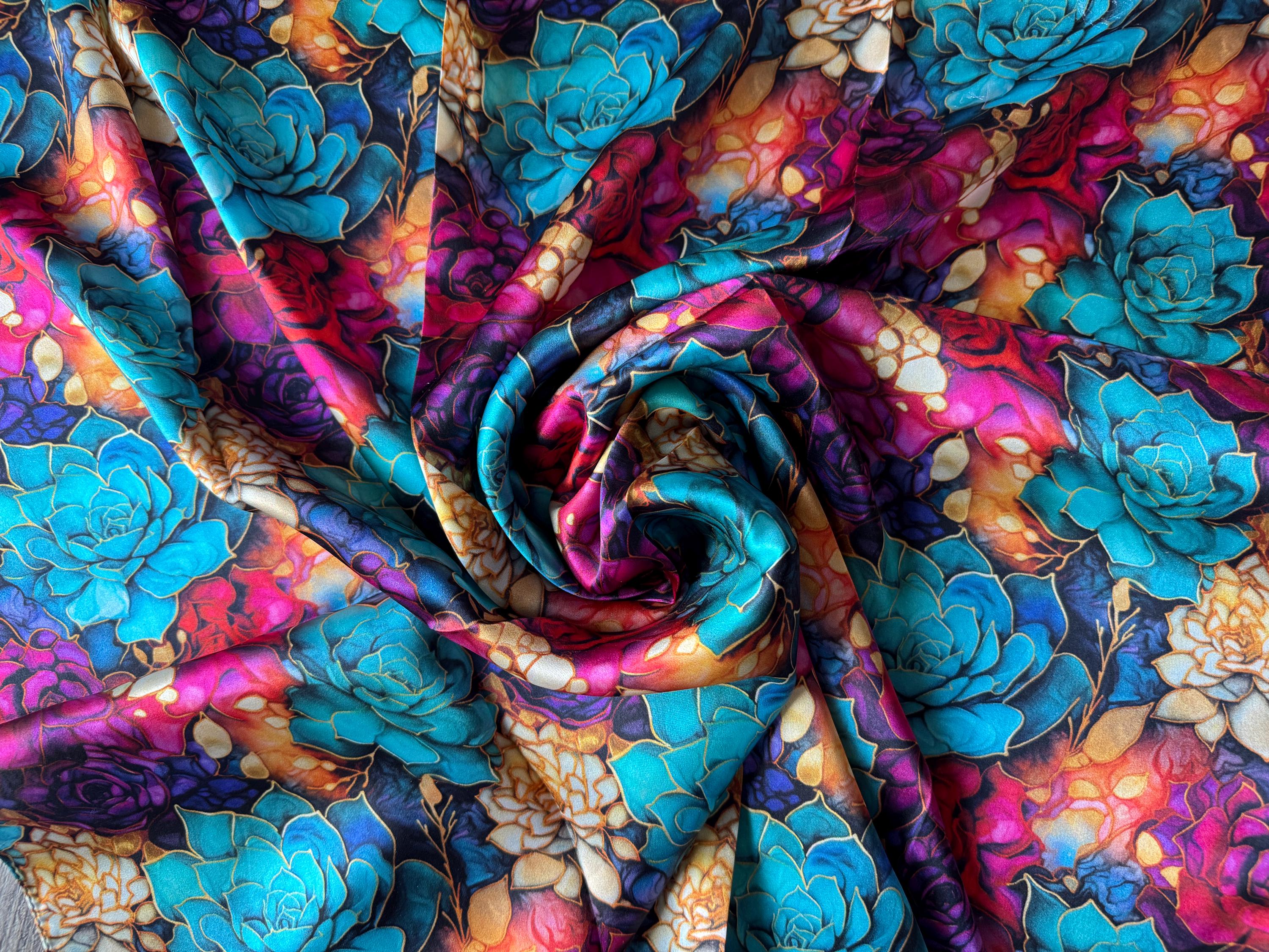 100% Silk Wild Rag Jewel Tone Bold Succulent Cactus by Double B Wild Rags