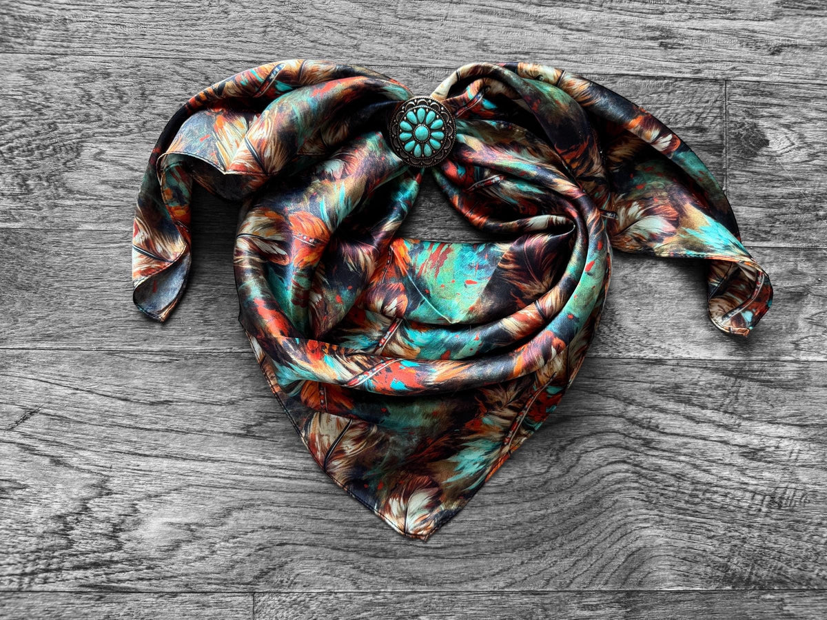 100% Silk Wild Rag Deep Rust Brown and Teal Feathers by Double B Wild Rags