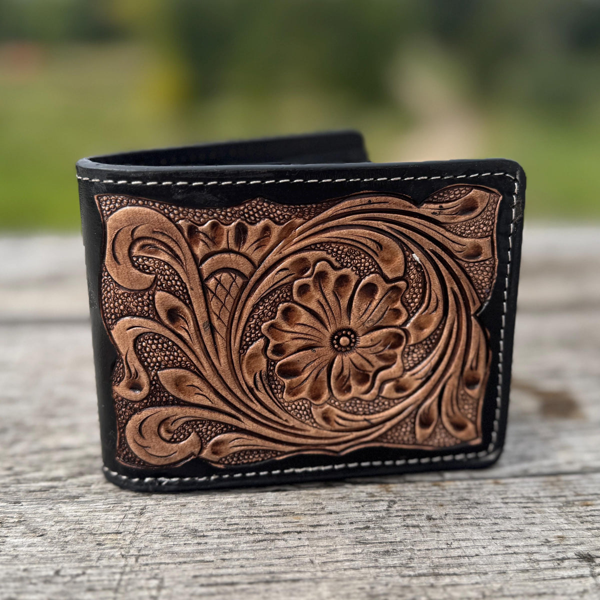 Men’s Western bi-fold wallet tooled floral and basketweave details by Double B Wild Rags