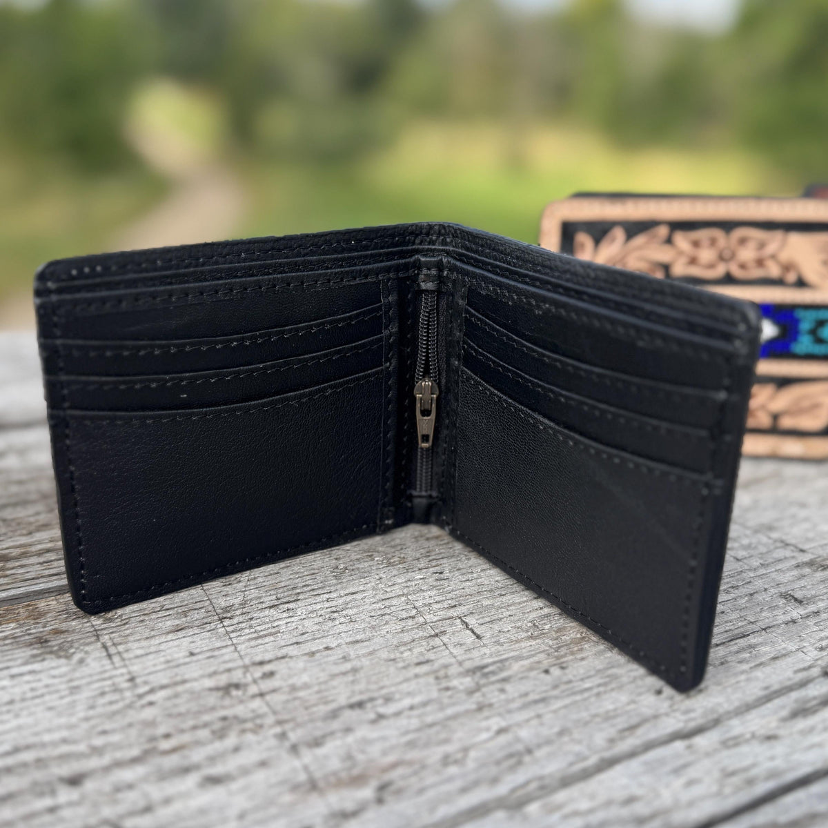 Men’s Western bi-fold wallet tooled with seed bead details by Double B Wild Rags