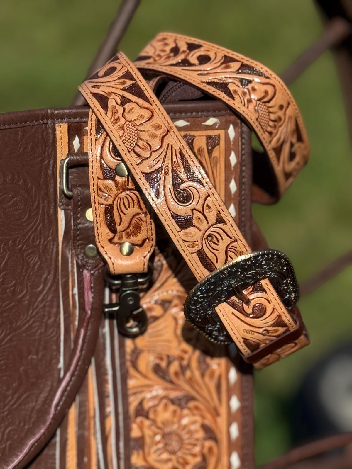 Genuine Western Leather Brown laptop messenger briefcase bag with tooled and embossed leather  by Double B Wild Rags