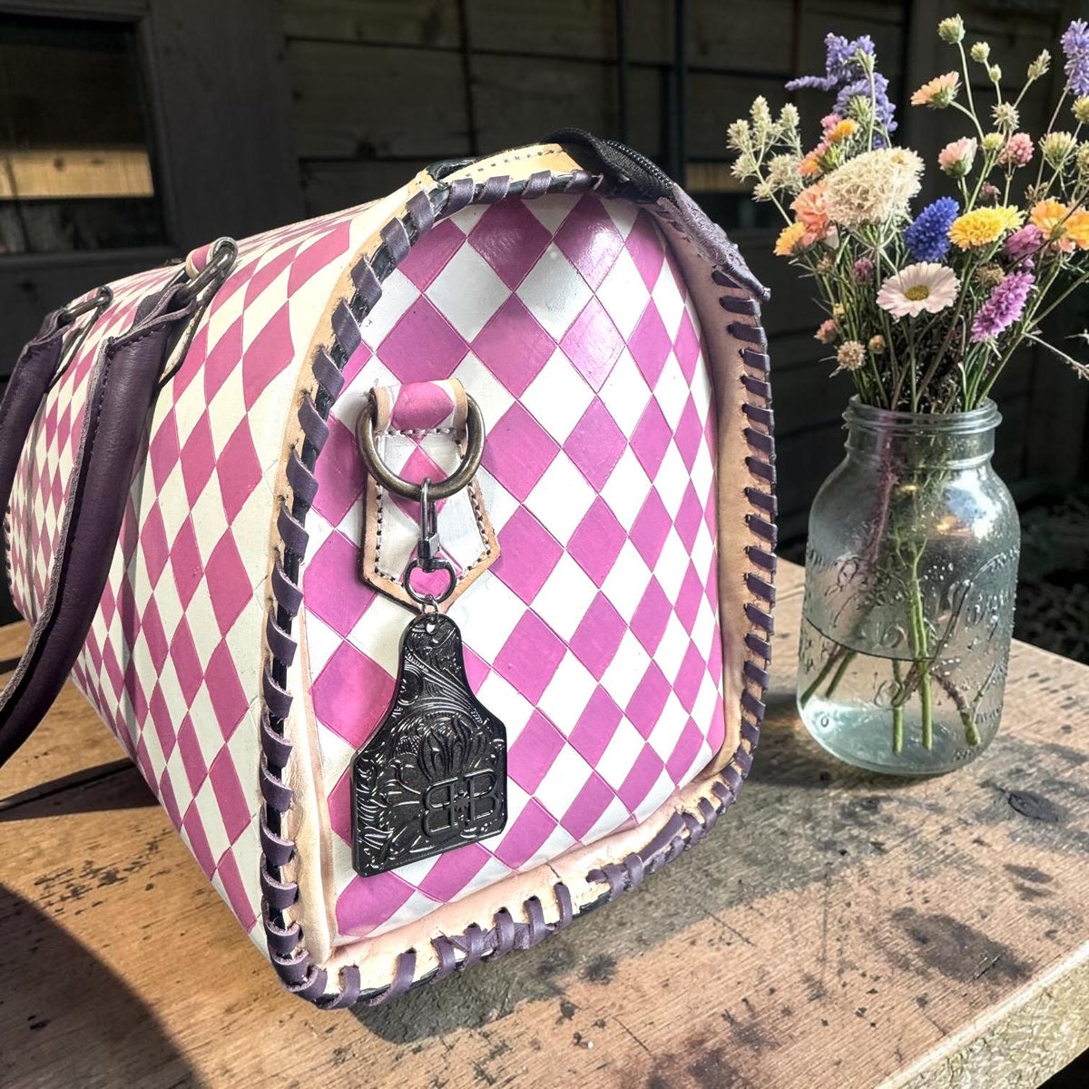 Country Lilac Checkered Speedy Western Genuine Leather Purse