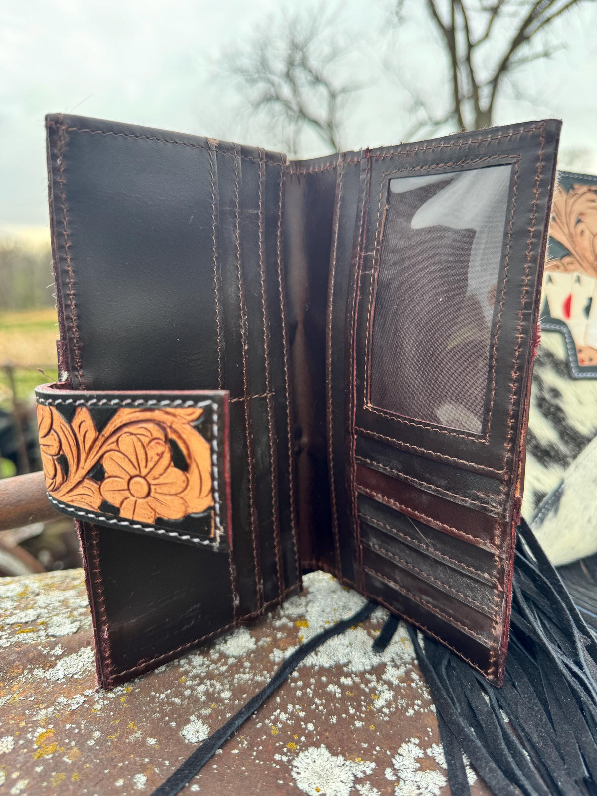 Genuine Western Spotted Cowhide Leather Purse and Wallet with Ace Cards painted details and brown fringe