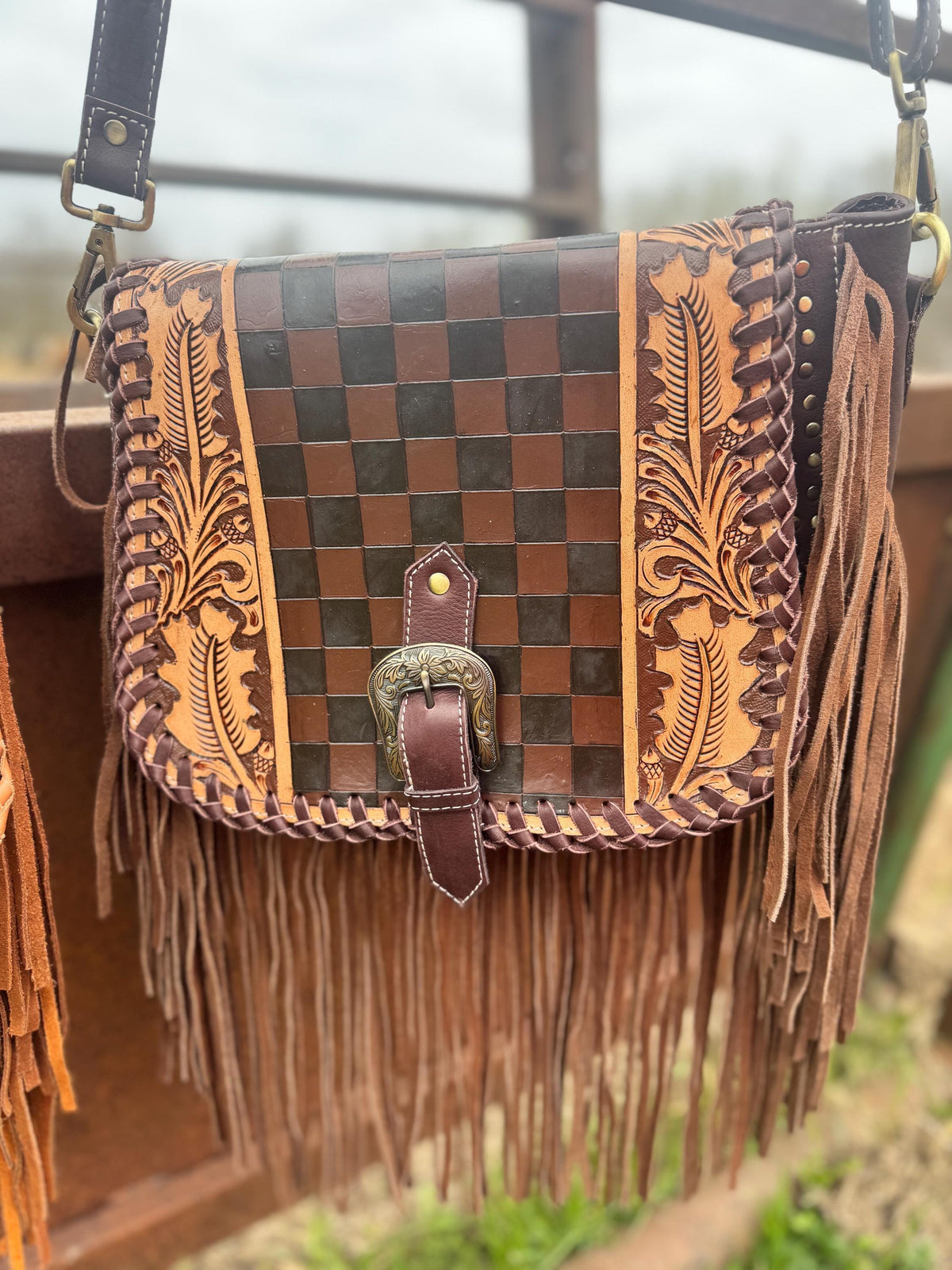 Boho Fringe Checkered Leather Western Purse by Double B