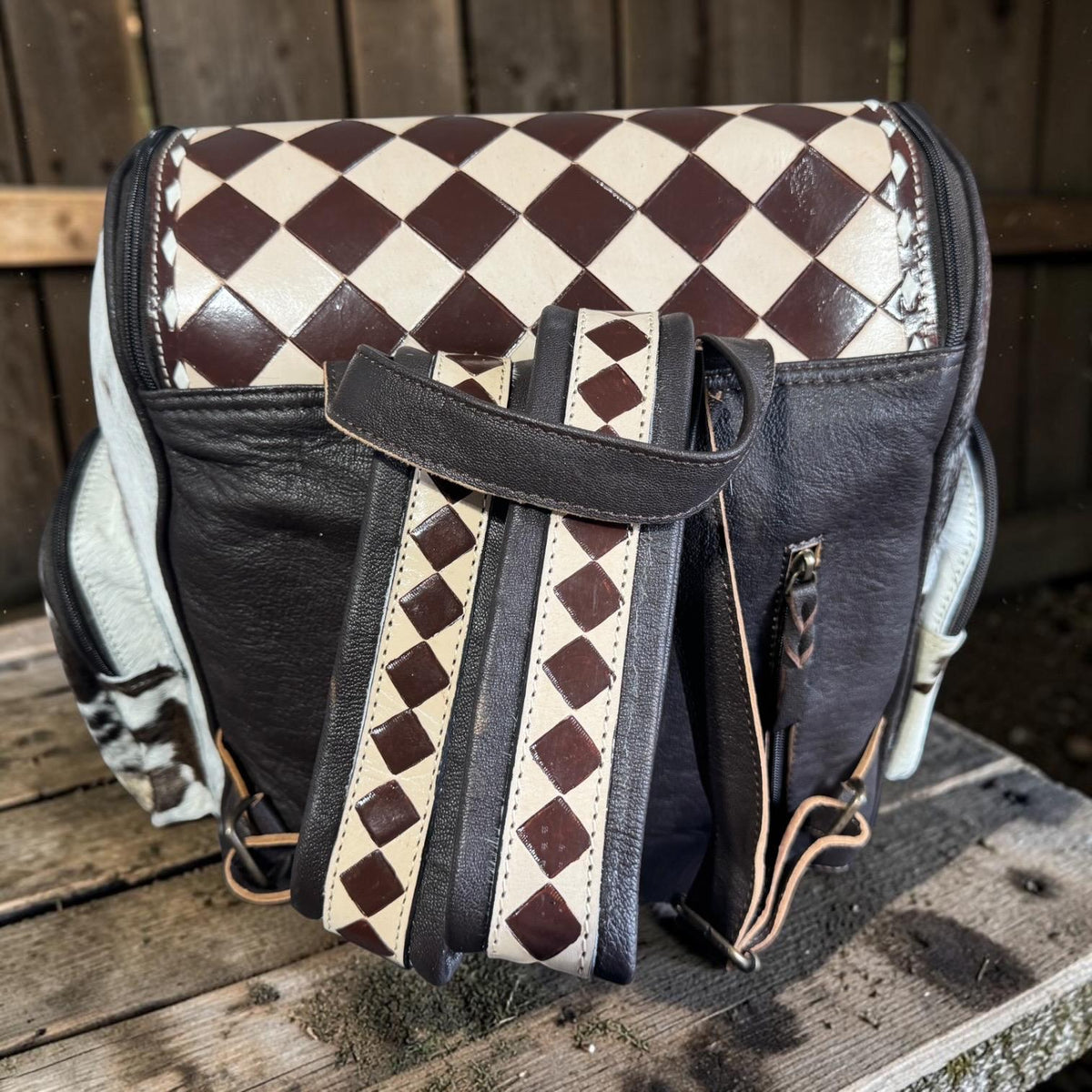 Checkered Genuine Cowhide Leather Backpack by Double B