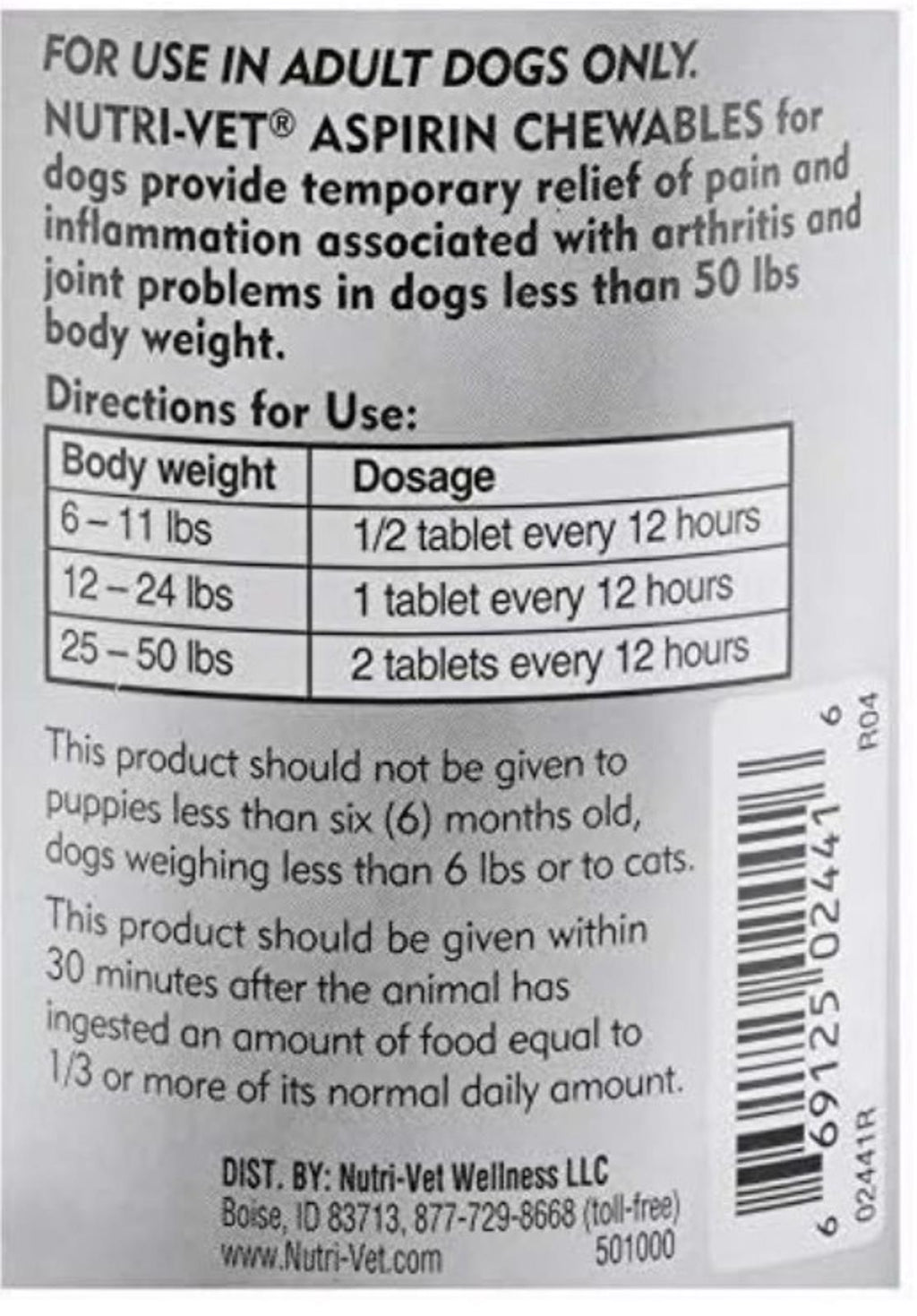 Nutri-Vet Aspirin for Small Dogs 100 count tabs Brand New
