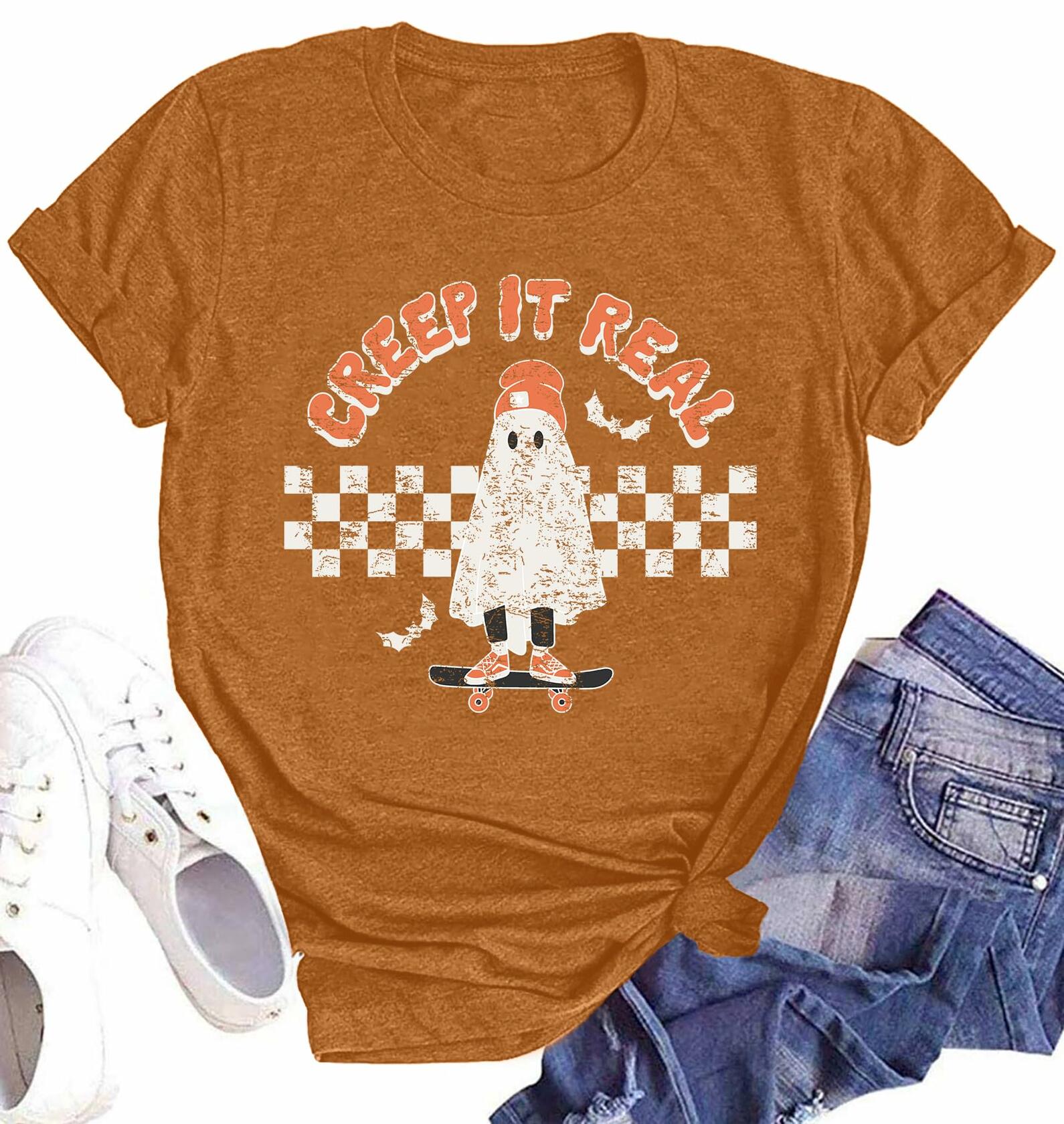 HQP Halloween Ghost Women's Brown Graphic Fall T-Shirt Top Spooky Skateboard