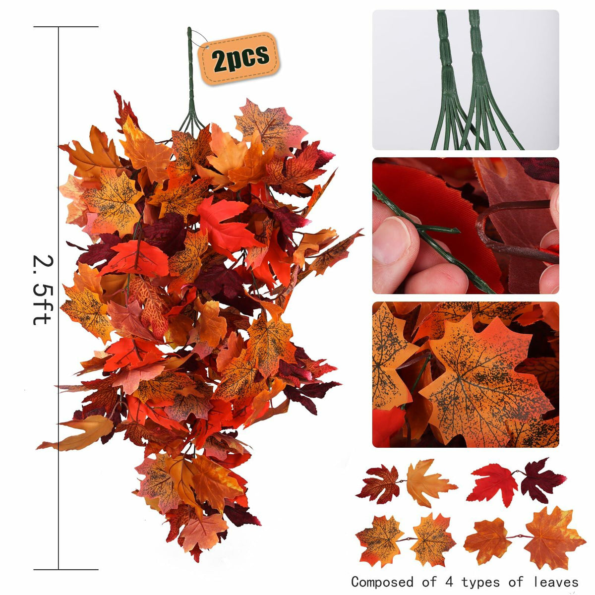RECUTMS 2Pcs Artificial Autumn Maple Leaves Garland 2.5FT Fall Decor
