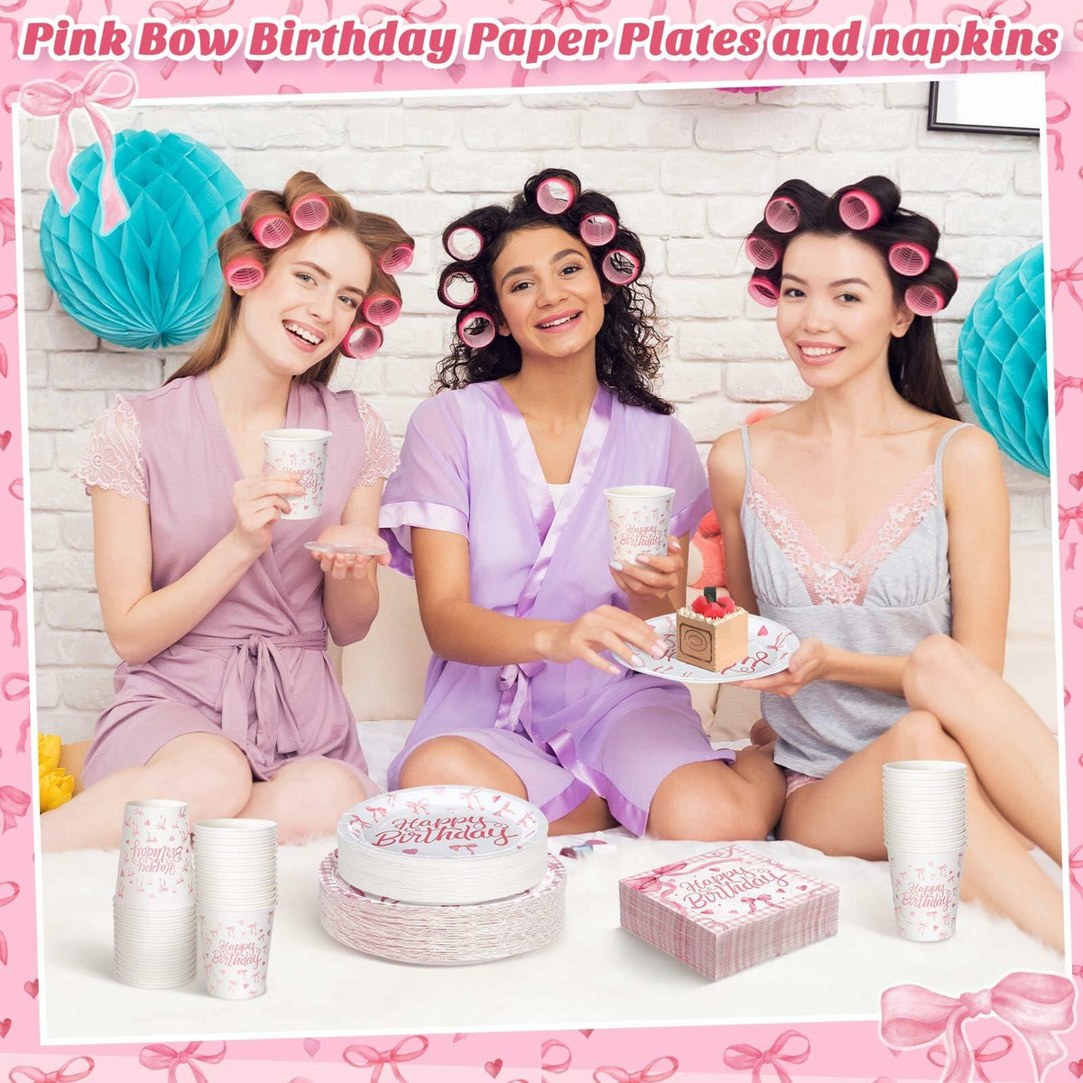 Coquette Pink Bow Birthday Party Supplies 216 Pcs Plates Napkins Set