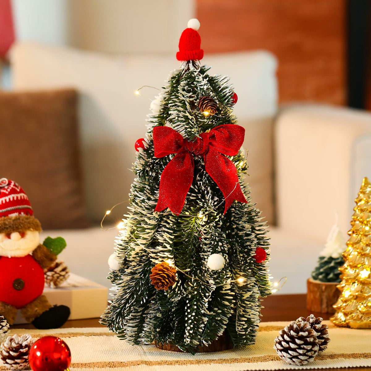 HOMCDALY 16in LED Tabletop Christmas Tree with Red Bowtie Indoor Decor