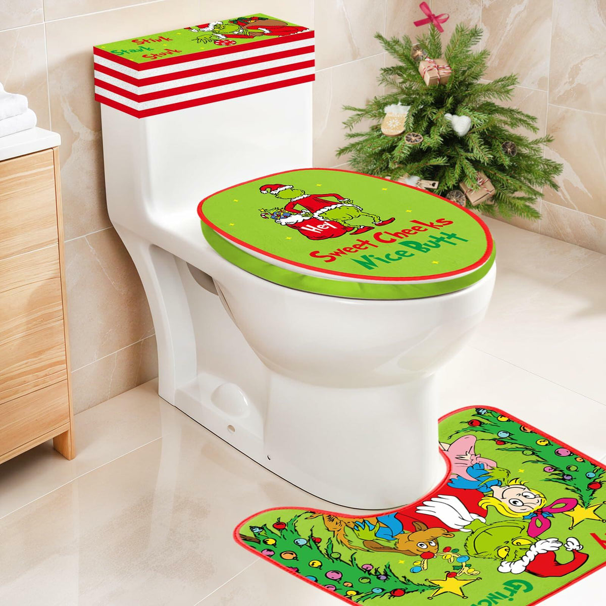 Funny Christmas Toilet Seat Cover Set 4pcs White Elephant Bathroom Decor
