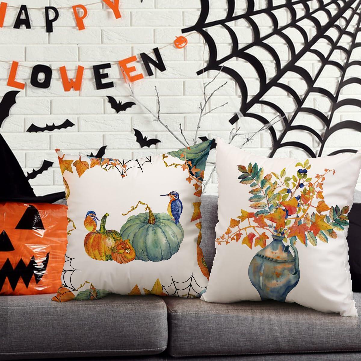 Fall Pumpkin Maple Leaf Pillow Covers 18x18 Set of 4 Autumn Thanksgiving