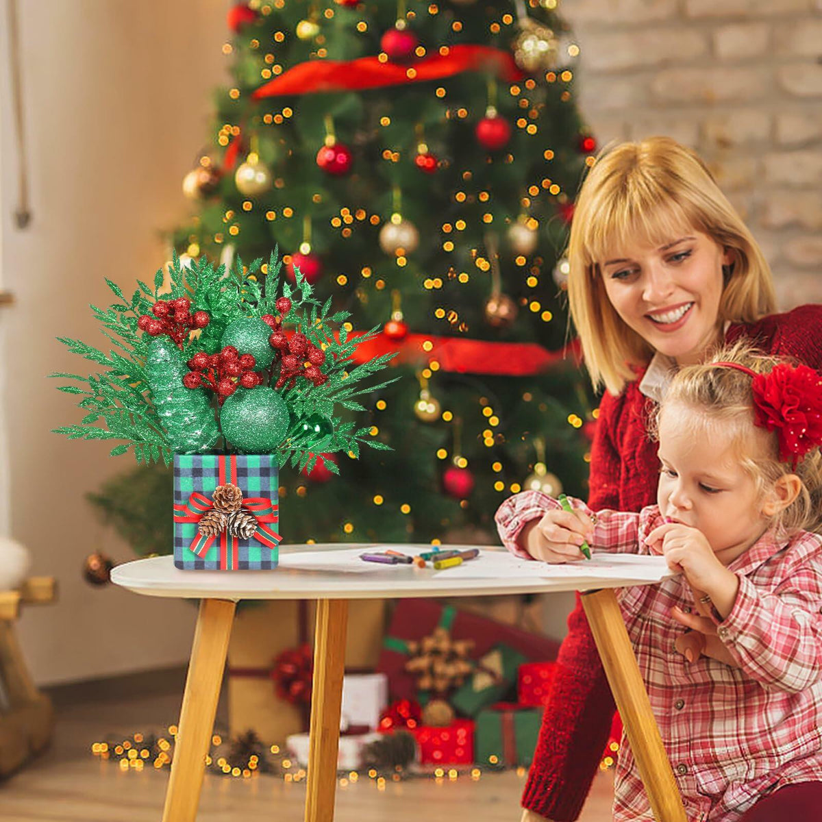[Like New] Super Holiday Buffalo Check Plaid Green Glitter Mini Christmas Tree Small