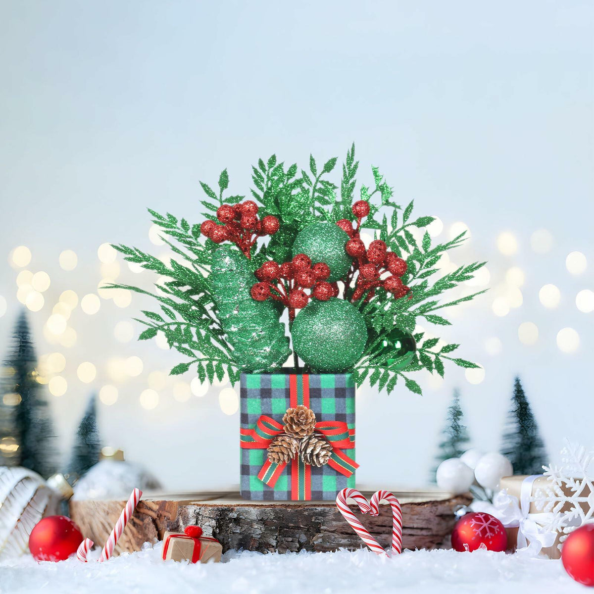 [Like New] Super Holiday Buffalo Check Plaid Green Glitter Mini Christmas Tree Small