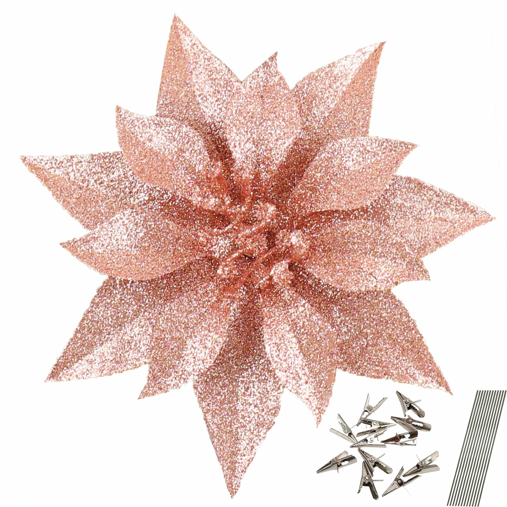 [Like_new] YOSICHY 12 Pcs Artificial Christmas Flowers Deep Champagne with Clips Stems