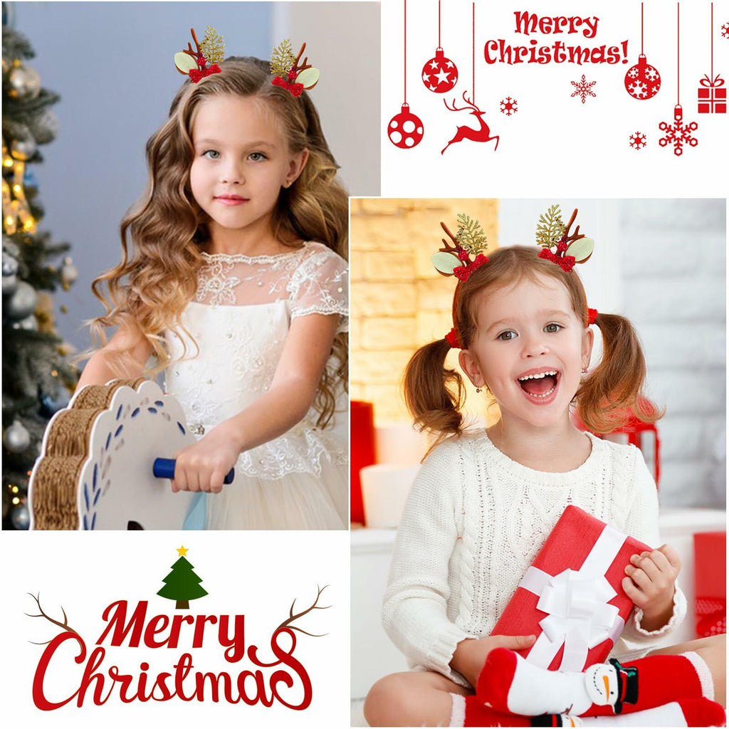 [Like New] Christmas Bow Hair Clips for Girls Red Gold Antler Design 2PCS
