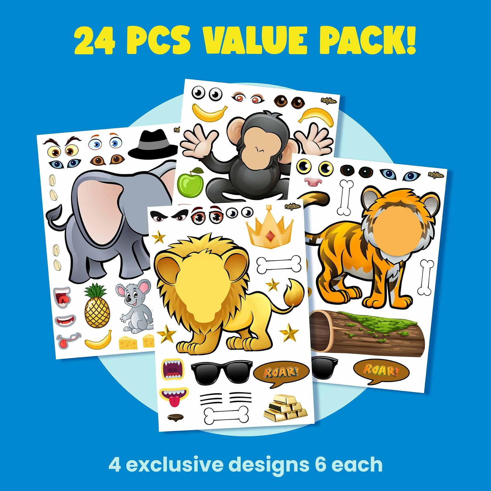 PartyNow Safari Animals Stickers 24-Pack Multicolor Waterproof Paper Kids