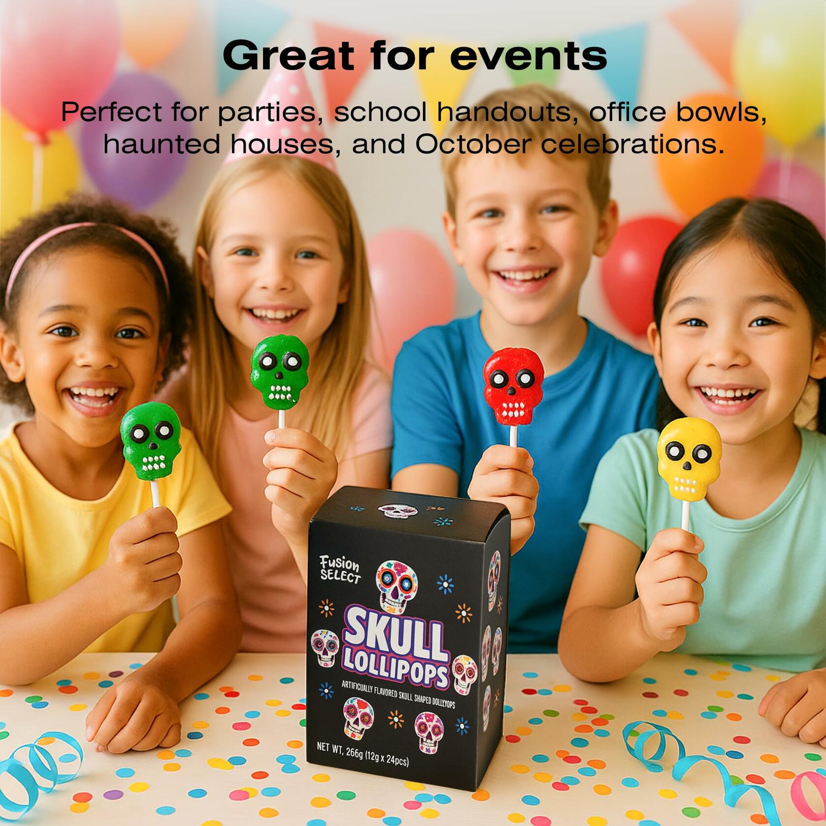 BestBy06/27 Fusion Select Sugar Skull Lollipops 24 Pc Colorful Halloween Candy