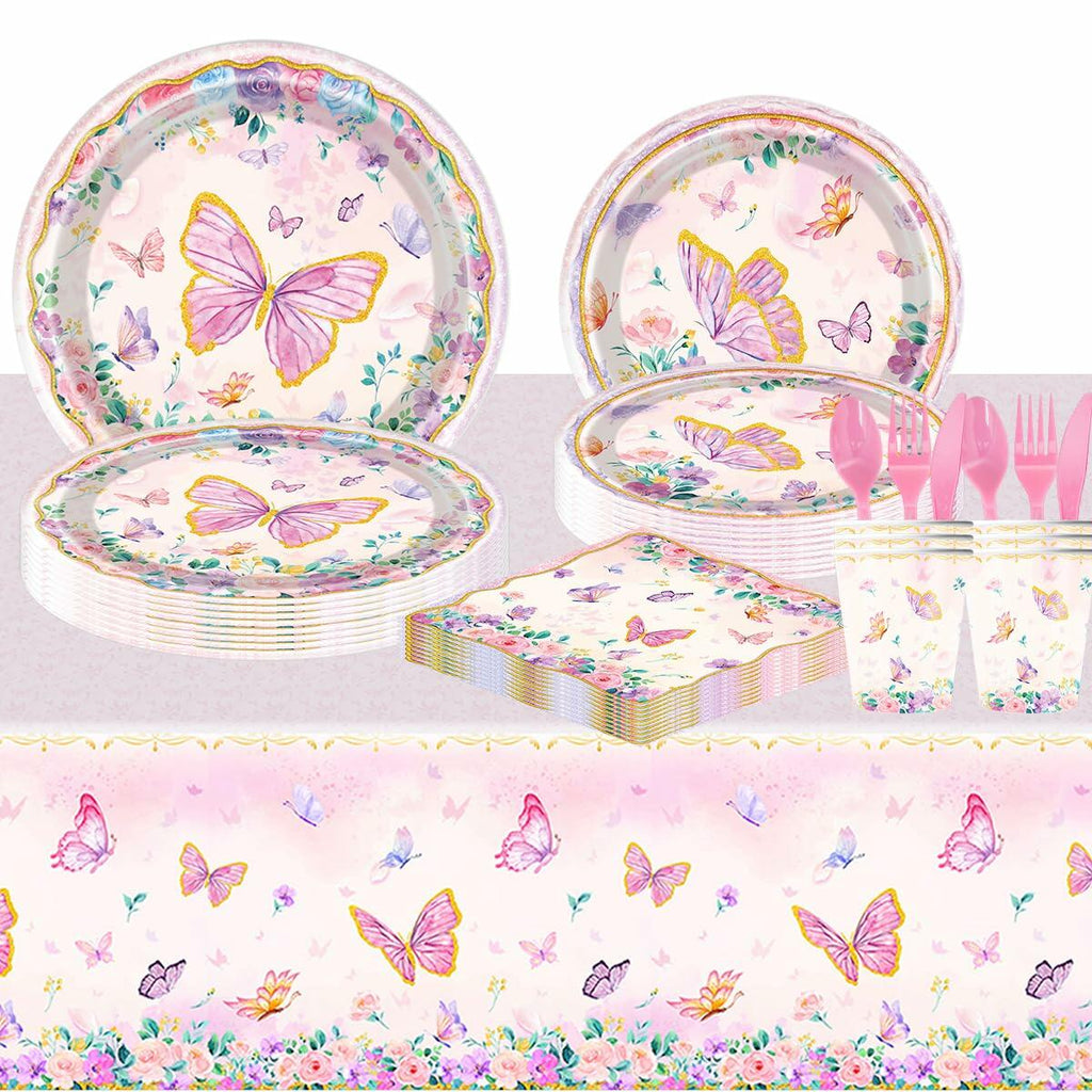 OU RUI 81Pcs Pink Butterfly Party Tableware Set Plates Napkins Tablecloth