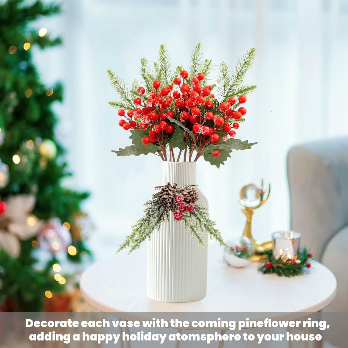 Brighomrom Christmas Ceramic Vases Set of 3 White Ribbed Pineflower Rings