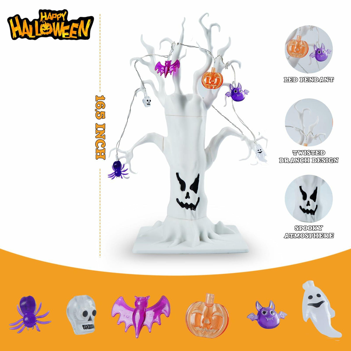 GNIXLING Halloween Tree Decorative Centerpiece White, Spooky Ornaments & Lights