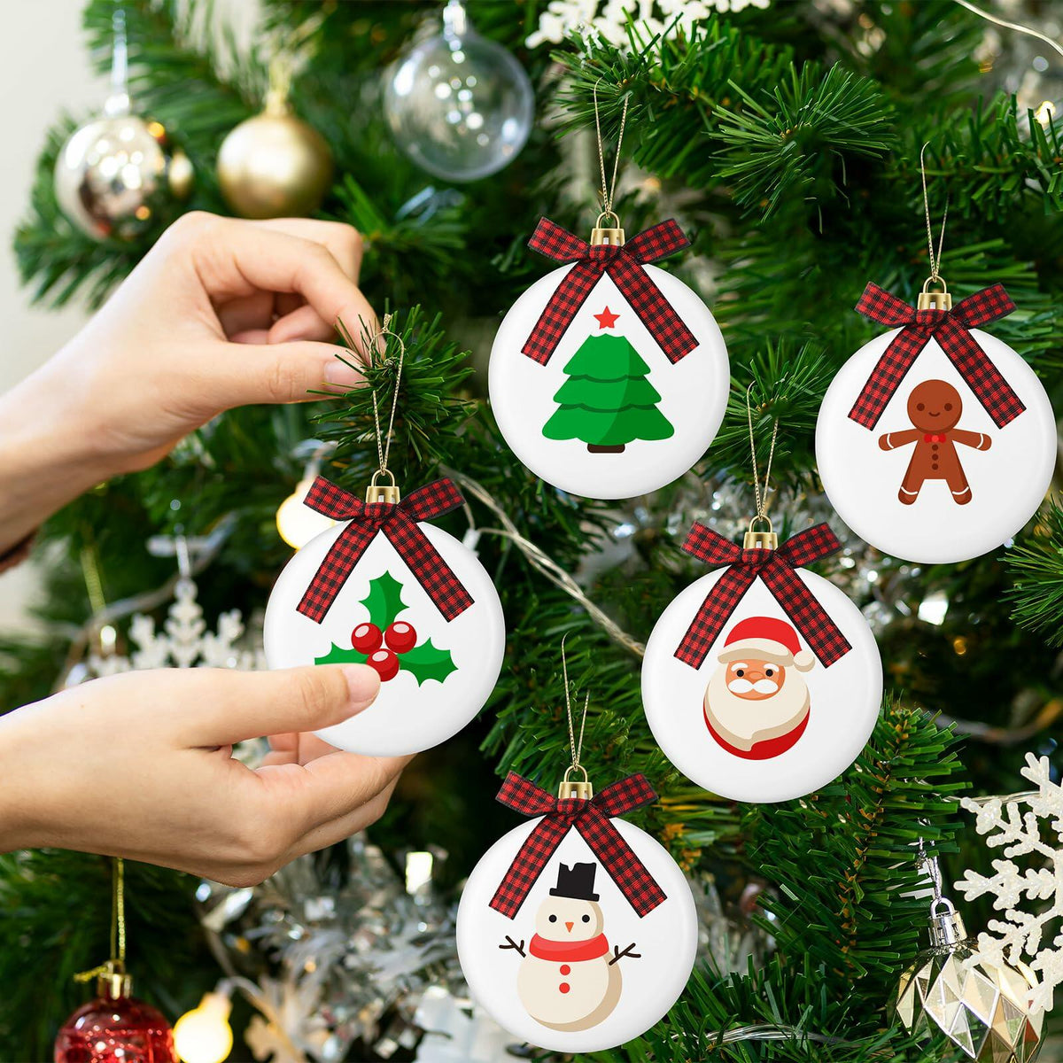PullCrease 30pcs Blank Matte White Buffalo Plaid Christmas Ornaments Gold Rope