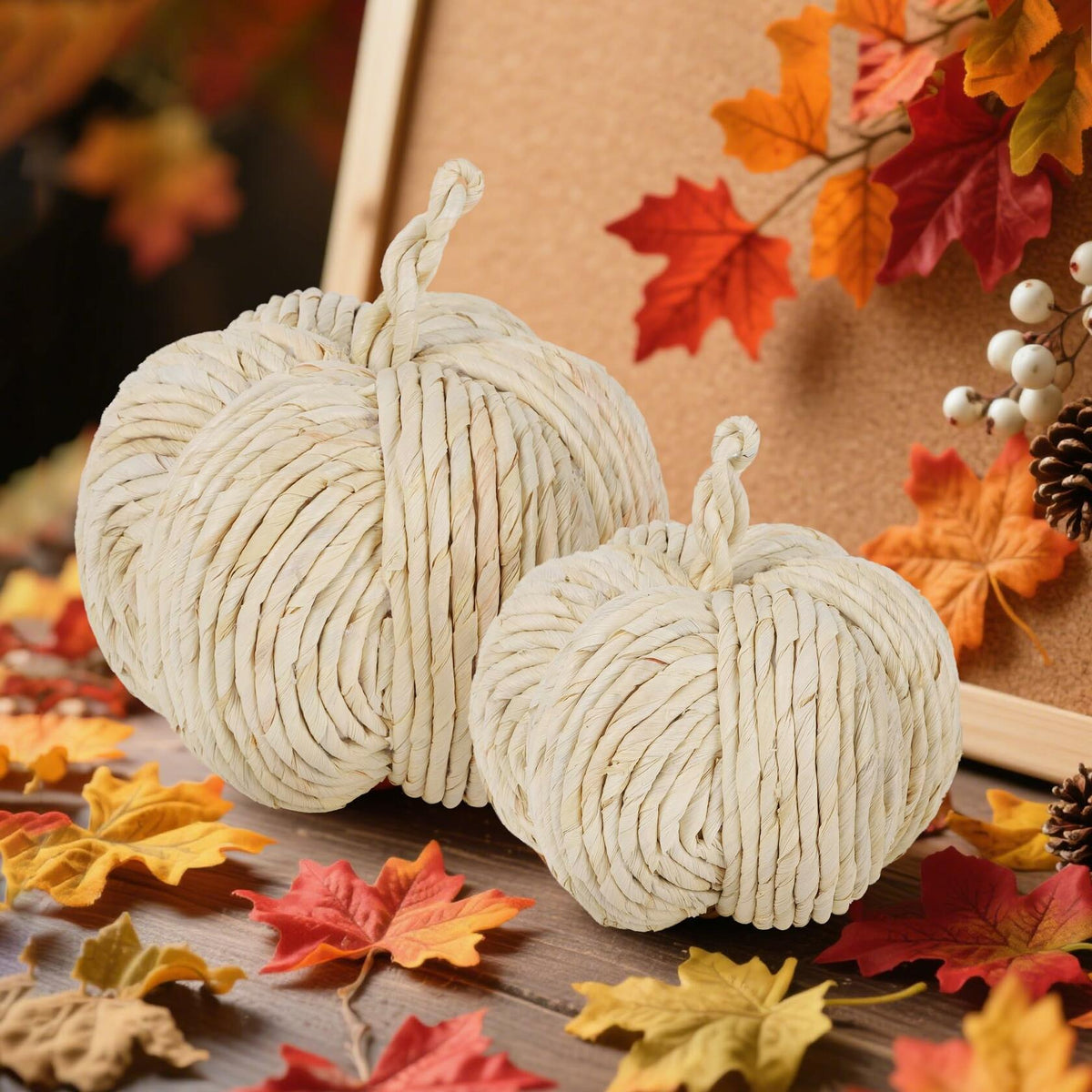 winemana 2 Pack Woven Pumpkin Decor Fall Thanksgiving White Assorted Size