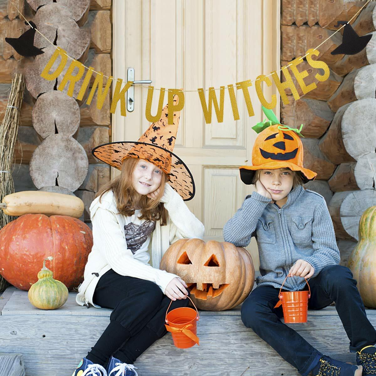 LeeSky Gold Drink Up Witches Banner Halloween Bachelorette Party Decoration
