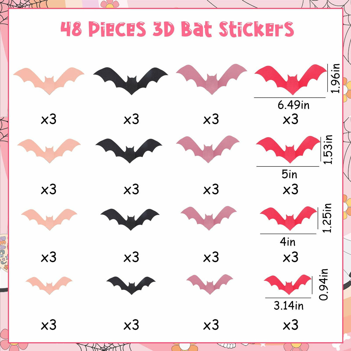 Sursurprise 48PCS 3D Halloween Bat Wall Stickers Pink Black Party Decor